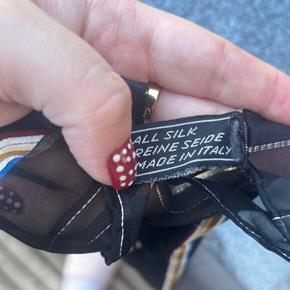 Vintage Valentino 100% Silk Italy Black and Blue Paisley Metallic Striped Scarf - Picture 6 of 10